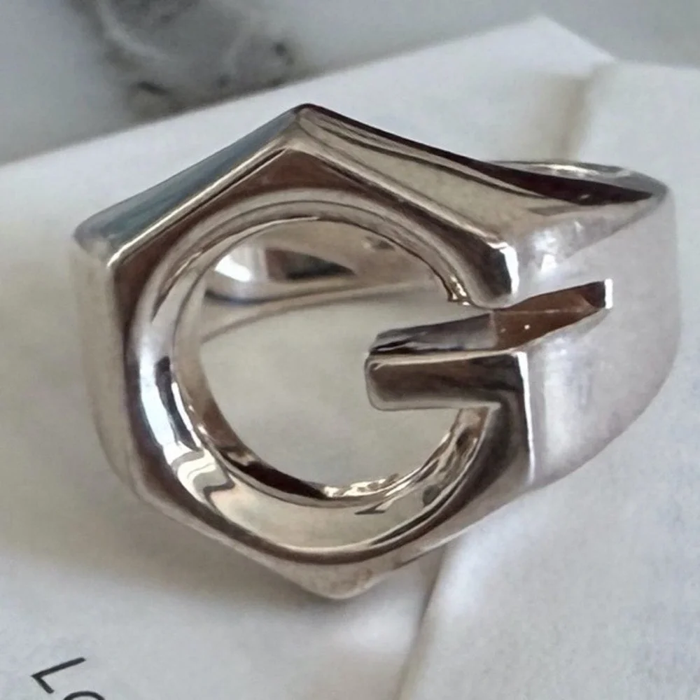 Gucci Sterling Silver Hexagon G Logo Ring Made in Italy Statement Band size 15